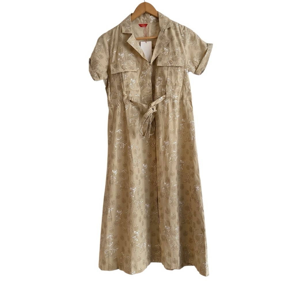Bani Women Floral Shirt Dress Midi Cotton Tie Waist Beige M - Picture 3 of 10